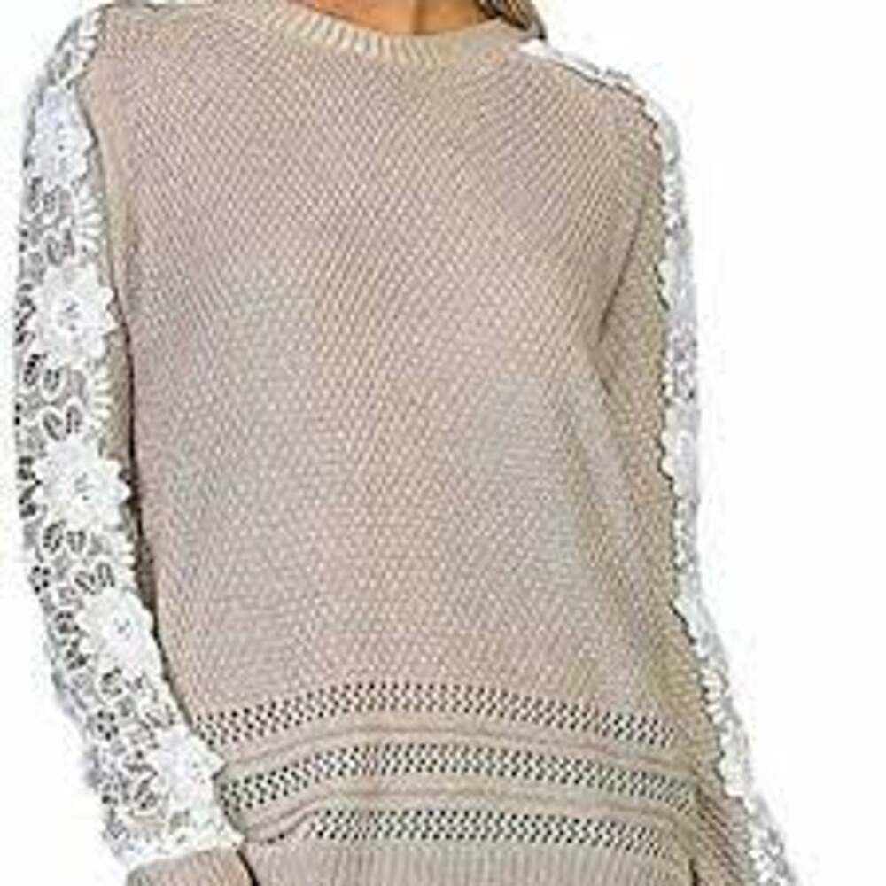 Listicle Beige Mohair Blend Sweater Lace Crochet White Sleeve Detail Size S EUC